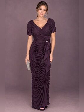Purple Gathered-Detail Maxi Dress with Side Bow